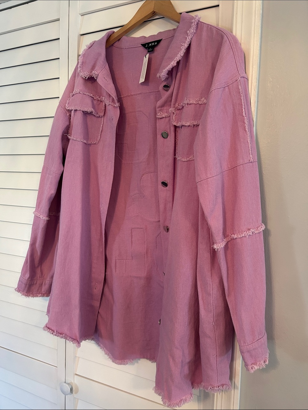 J.NNA Women’s Frayed Edge Oversized Jacket (Pinkish Lavender)